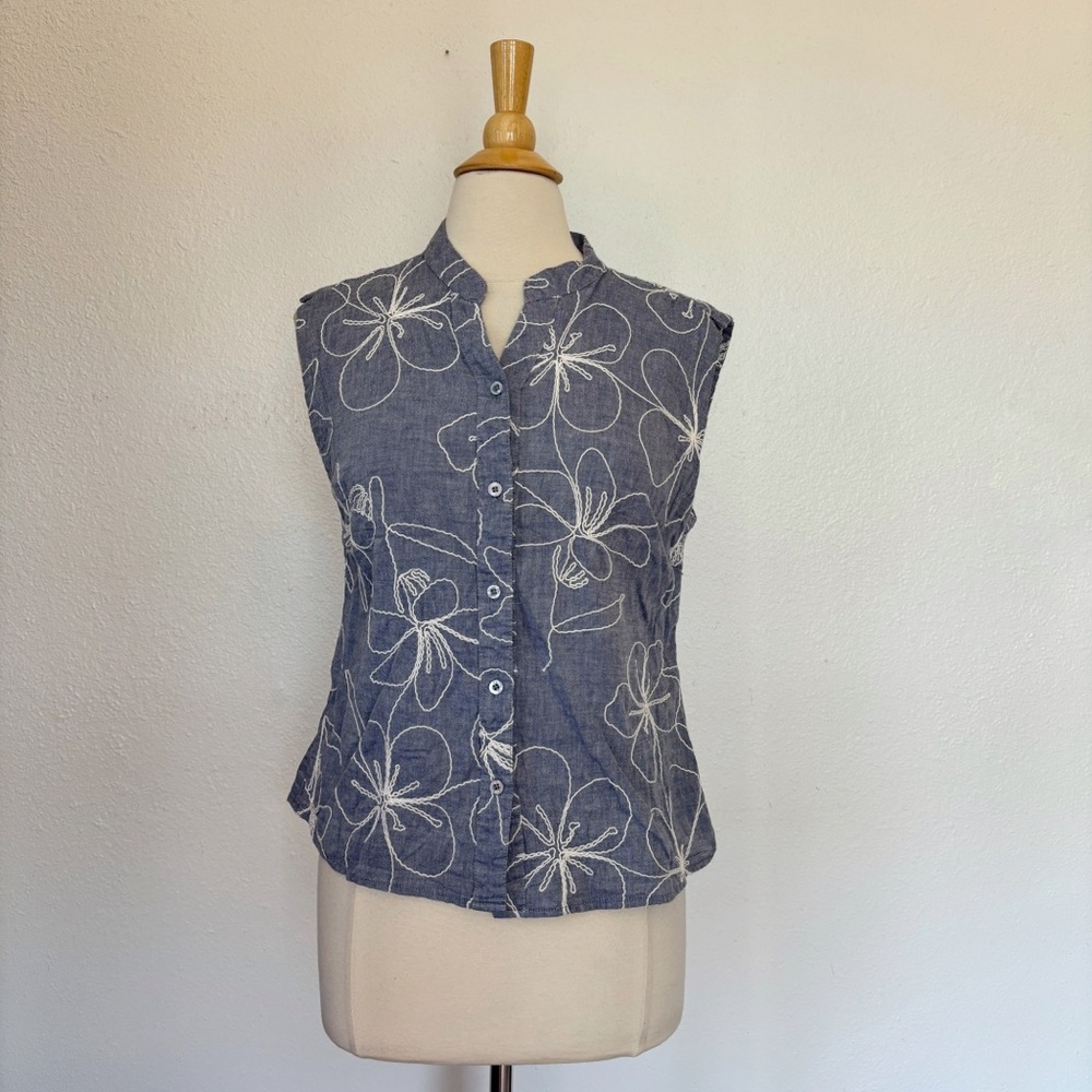 Vintage Blue Floral Embroidered Tank Top